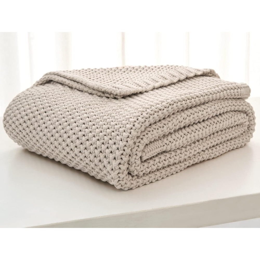 Longhui Bedding CB Chunky Cable Knit Throw Blanket 100% Cotton Beige 60x80